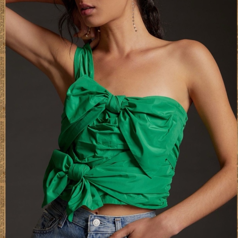 Anthropologie Mauve Emerald Green Bow-Accent Blouse  One Shoulder Size 12 EUC